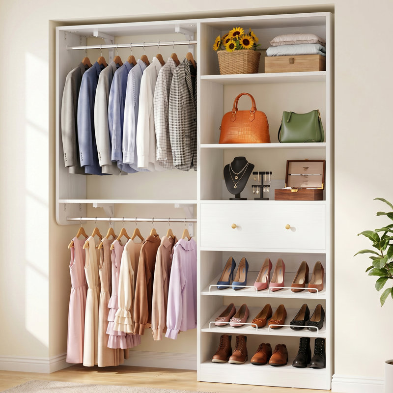 Riobe 28.3'' - 59.8'' W Closet System with Wooden Drawer and Hanging Rods(Cut to Fit), White