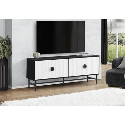 Meuble télé, 60 po, console, meuble multimédia, meuble de rangement, salon, chambre à coucher, stratifié noir et blanc, métal noir, contemporain, moderne