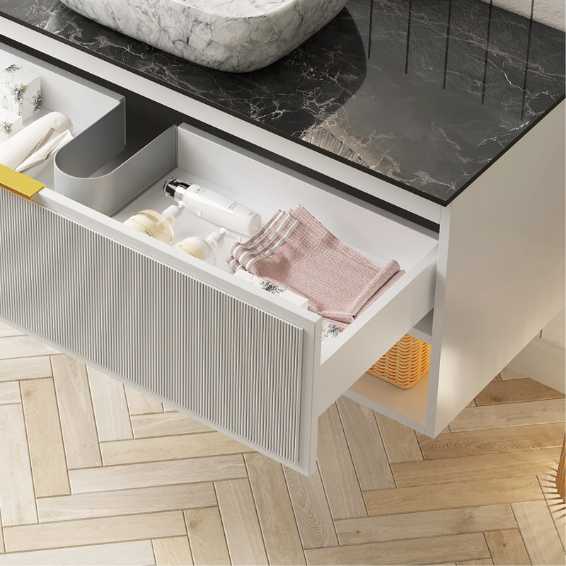 Armoire murale en contreplaqué blanc de 60 po avec deux tiroirs et une tablette ouverte, plateau en pierre frittée en pierre noire, sans lavabo, sans robinet ni couvercle d'évier