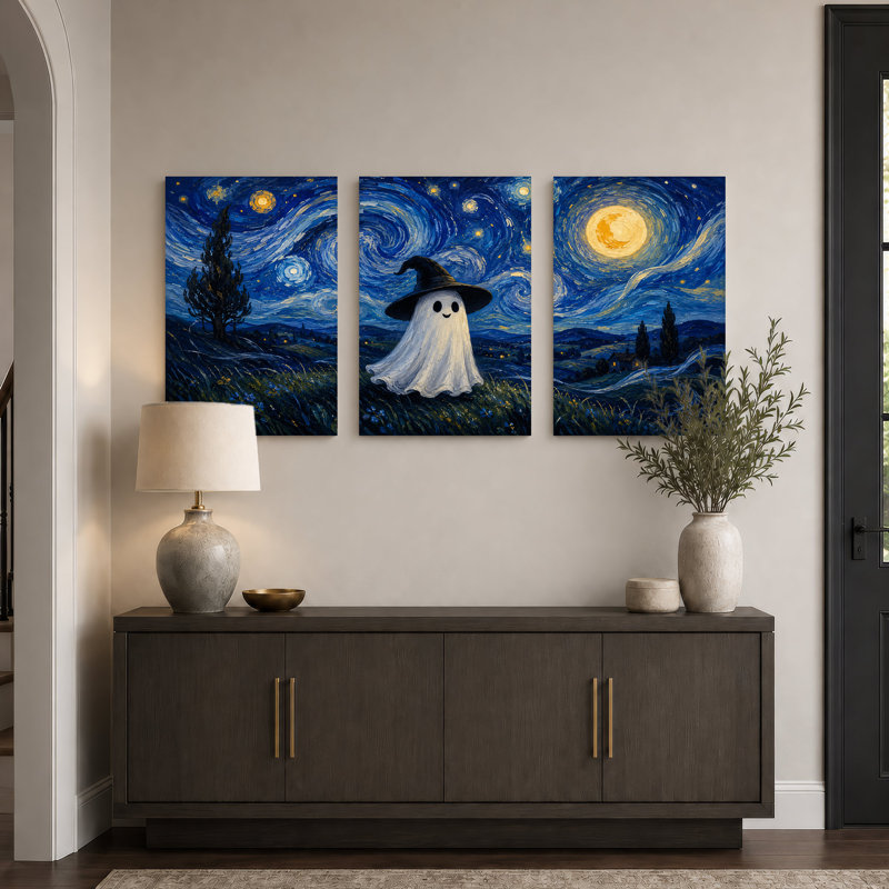 «White Ghost in Black Witch Hat Under Halloween», ensemble de 3 toiles murales, H 30 po x l 20 po x 3 pièces
