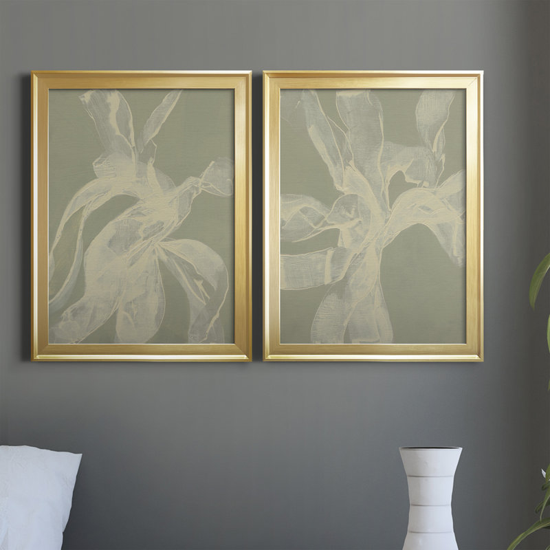 «White Ribbon on Celadon I», ensemble de 2 peintures sur toile encadrées, H 30,5 po x l 45 po x P 1 po, Cadre doré
