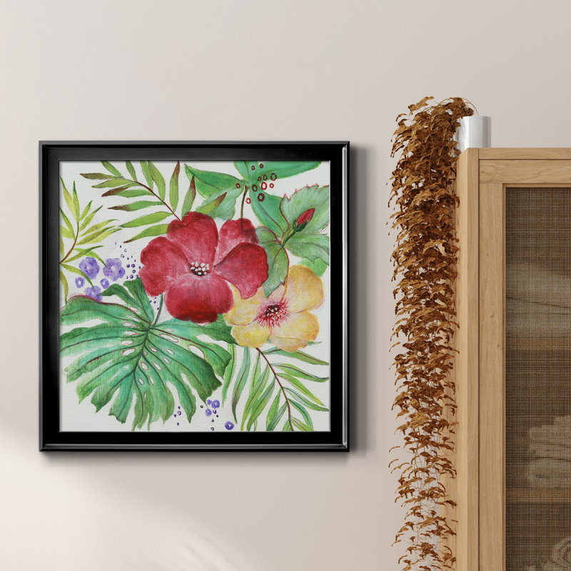 Fleurs tropicales - Peinture sur toile encadrée, H 32 po x l 32 po x P 1 po, Toile avec cadre noir