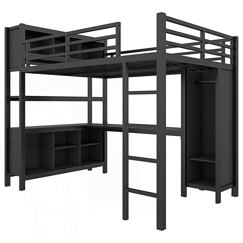 Metal Loft Bed with Wardrobe And L-shaped Desk, Loft Bed with Storage Cubes and Shelves, Heavy Duty Loft Bed for Kids Teens Adults