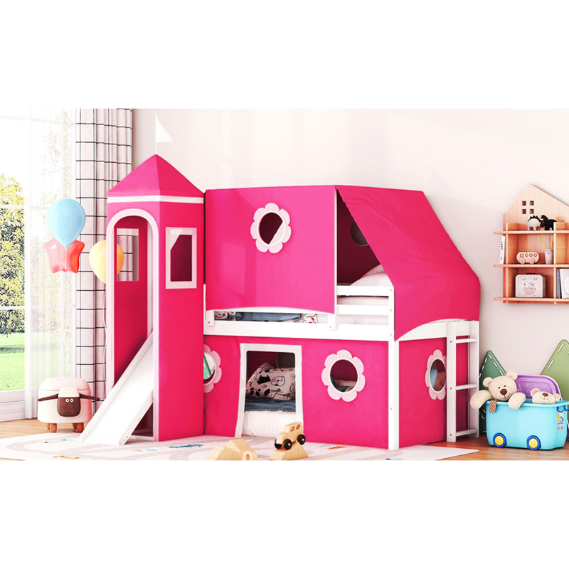 Twin Pink Loft Bed With Slide And Tower - Solid Wood , Three Installation Methods, Playhouse Atmosphere Size Pine Window Bed, Space Saving Solution