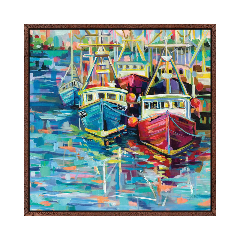 Stonington Docks by Jeanette Vertentes - Painting on Canvas, 93.98cm H x 93.98cm W x 3.81cm D, Classic Brown Wood Framed