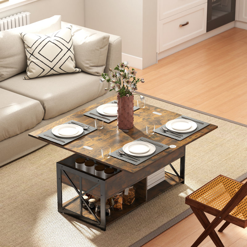 Wallis 4-In-1 Lift Top Coffee Table With Storage, Multi-Function Rectangular Coffee Table For Living Room, Brown