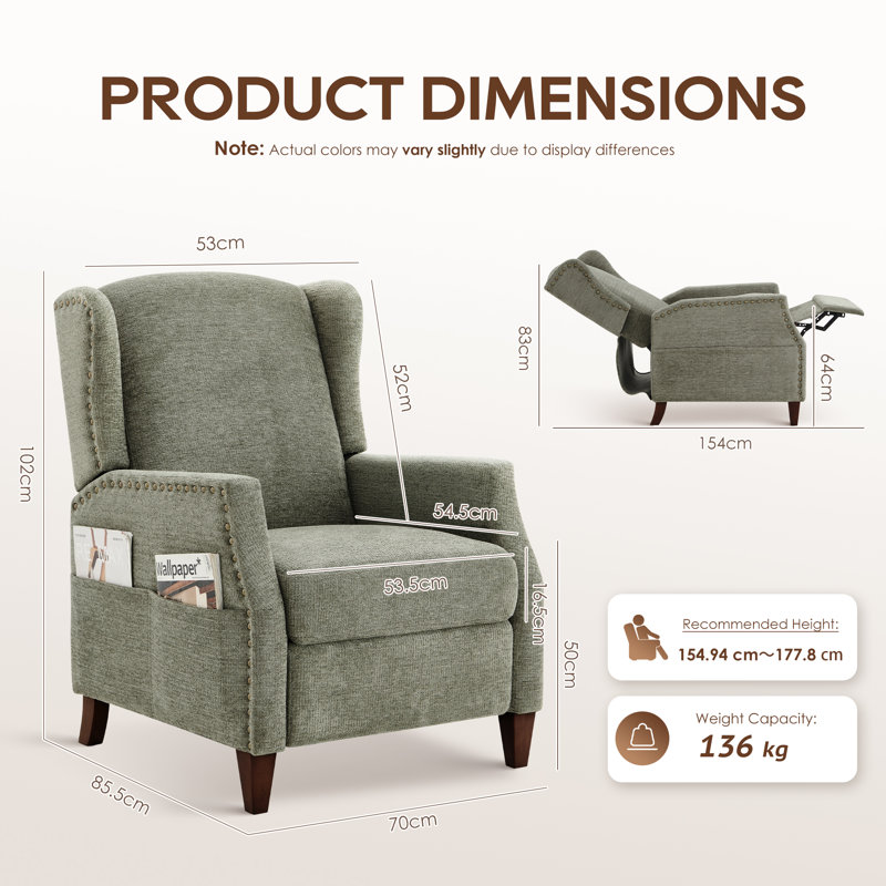 Push-Back Armchair with Storage Pockets - Nail-Head Trim & Wingback Design, Green Chenille