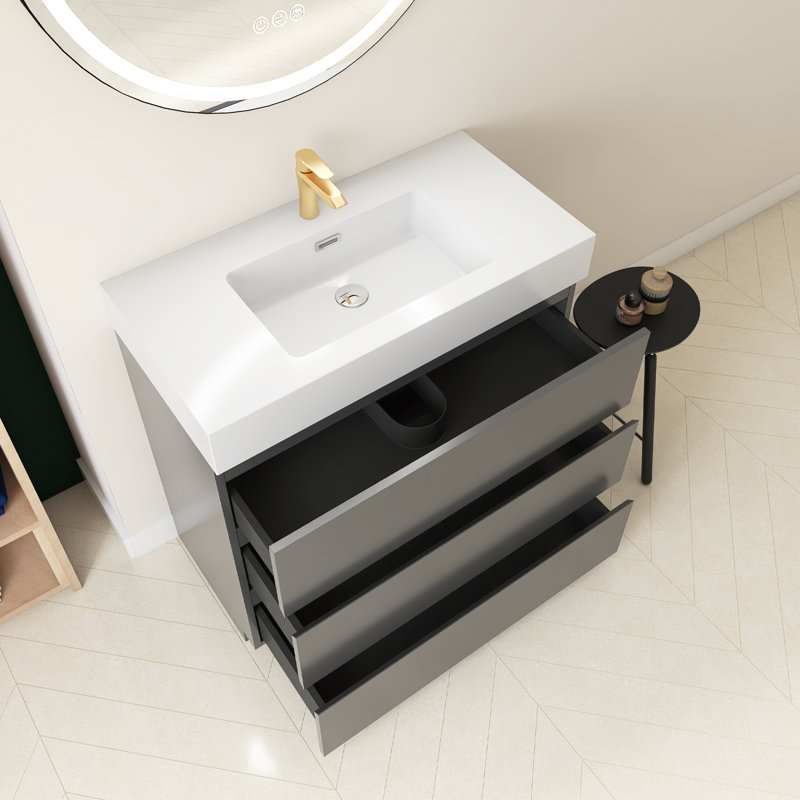 Romaysa 35.8 " W Freestanding Standard Free Standing 1 Single Vanity Bathroom Vanity With Quartz Top, White, Gray