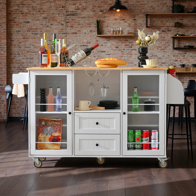 Mobile Kitchen Island Storage Trolley Cart On Wheels With Dropleaf Top, Towel/Spice Rack,2 Drawers, 2-Door Cabinet