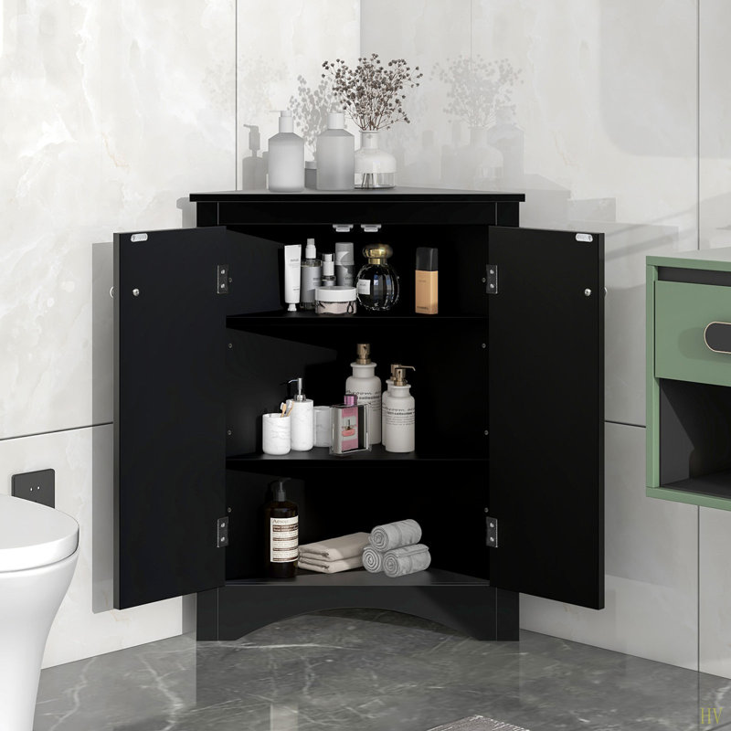 Triangle Bathroom Storage Cabinet With Adjustable Shelves, Freestanding Floor Cabinet For Home Kitchen, Black
