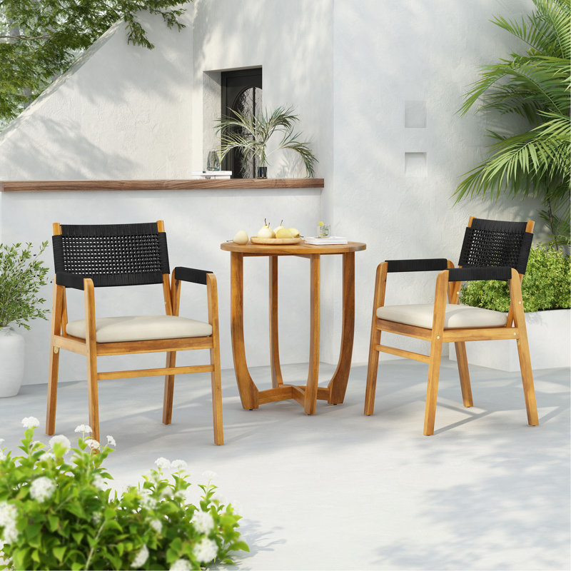 Ensemble repas d'extérieur en bois d'acacia avec coussin 3 pièces
