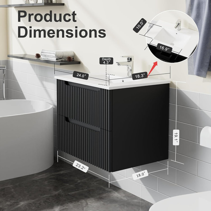Ensemble de meuble-lavabo mural avec évier flottant 24 po Goodyo, système de fermeture en douceur, 2 très grands tiroirs, noir