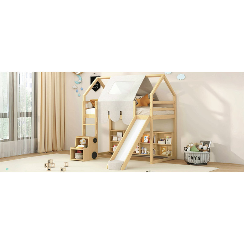 Lit mezzanine en bois simple avec structure en forme de maison avec tente