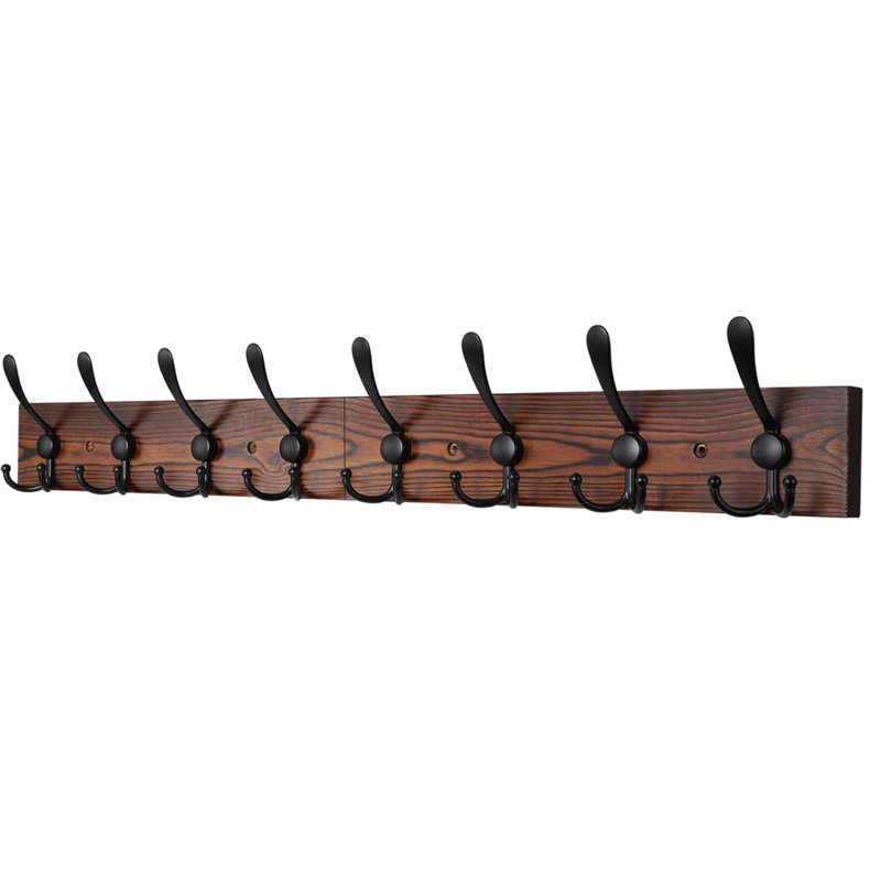 31.4'' Rustic Wood & Aluminum Wall Mounted Coat Rack - 8 Black Tri-Hooks for Coat/Bag/Towel, Black/Brown
