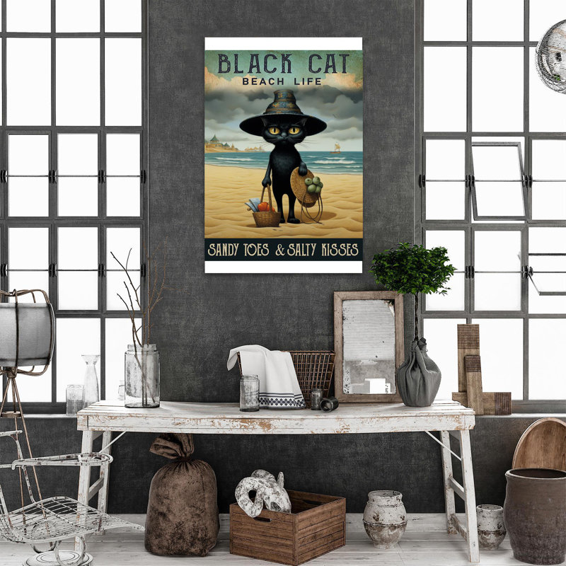 «Black Cat Beach Life», reproduction d'art rectangulaire sur toile tendue 1 pièce, H 36 po x l 24 po x P 1,25 po
