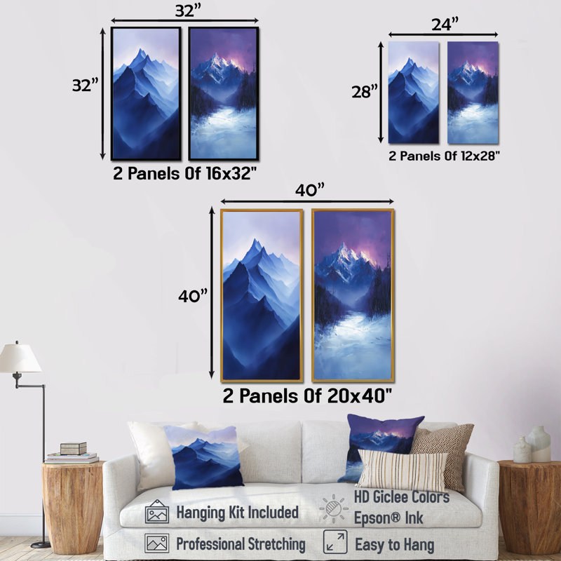 «Alaska Snow Capped Summits At Twilight I», collection de 2 panneaux de paysages sur toile, H 28 po x l 25 po