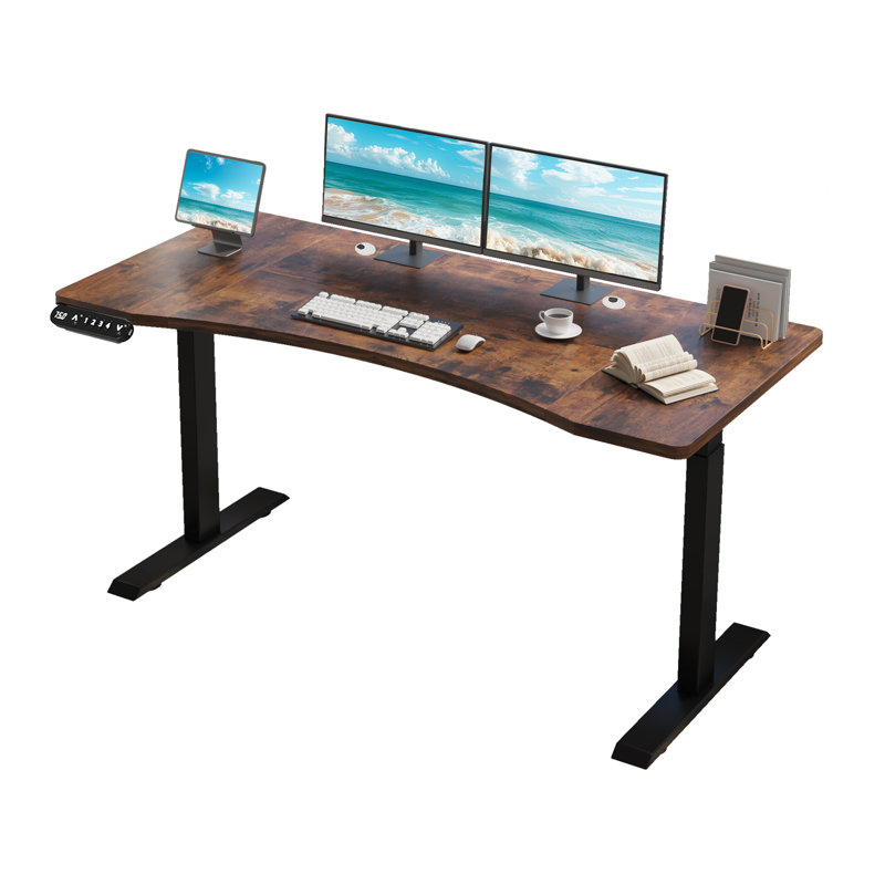 Bureau debout électrique à hauteur réglable de 63 po avec double moteur, bureau rustique brun pour bureau personnel