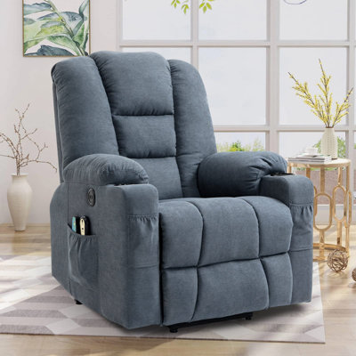 Fauteuil inclinable électrique avec élévateur à chaleur et massage pour personnes âgées, fauteuil inclinable électrique pour salon avec porte-gobelets, 4 poches, ports USB, tissu doux (gris-bleu)