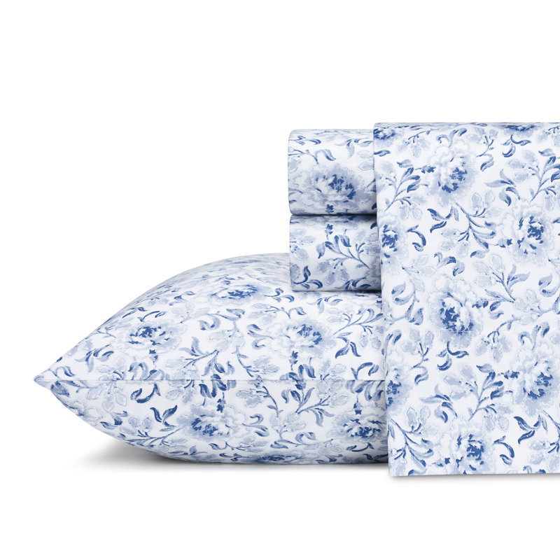 4-Piece 300 Thread Count Sateen Cotton Sheet Set, King Sheet Set with 2 Pillowcases, Lorelei Blue