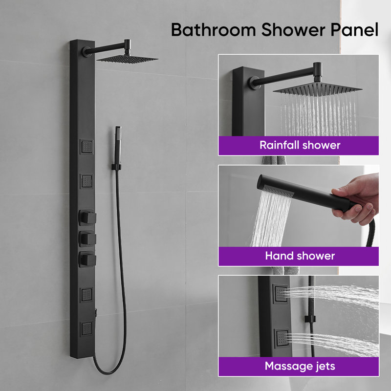 Système de panneau de tour de douche 3-en-un avec pomme de douche à pluie, baguette de douche en jets de massage noir mat