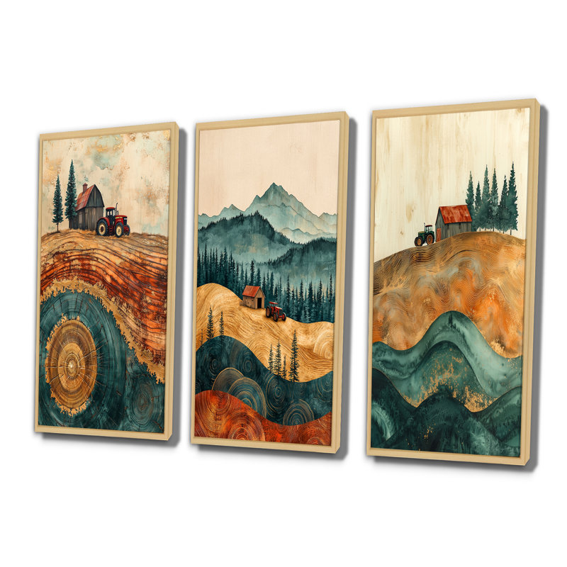 «Barn with Tractor Landscape On A Top I», collection d'art mural ferme, H 40 po x l 60 po, Impression encadrée flottante