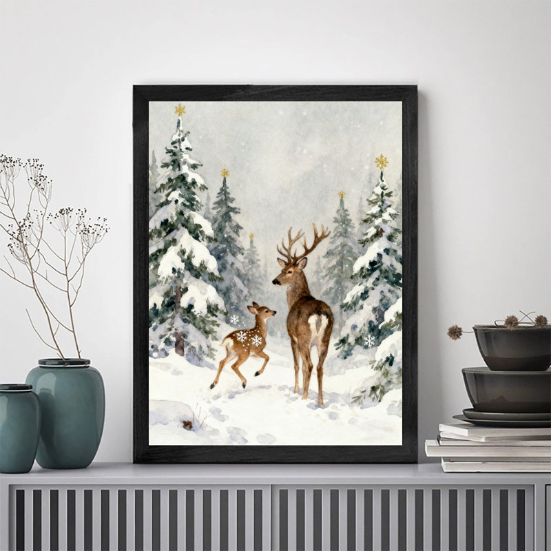 Aquarelle noire encadrée de cerf dans une forêt enneigée, impression sur toile de style rétro, H 25 po x l 17 po