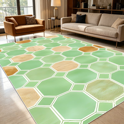 1PC mint green and natural wood grain octagonal mosaic geometric area rugs for Living Room, Soft and Comfortable, Suitable for all seasons, easy-to-maintain, machine washable Indoor floor mat, Under Table Farmhouse suitable for dining room...
