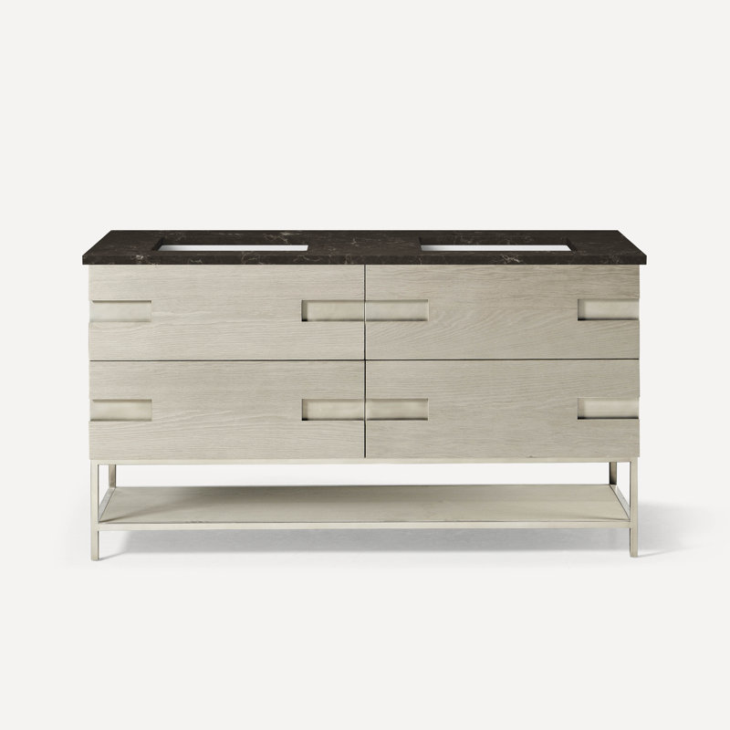 Meuble-lavabo en chêne noir mat 60 po avec plateau en quartz, Calypso, Étain brossé