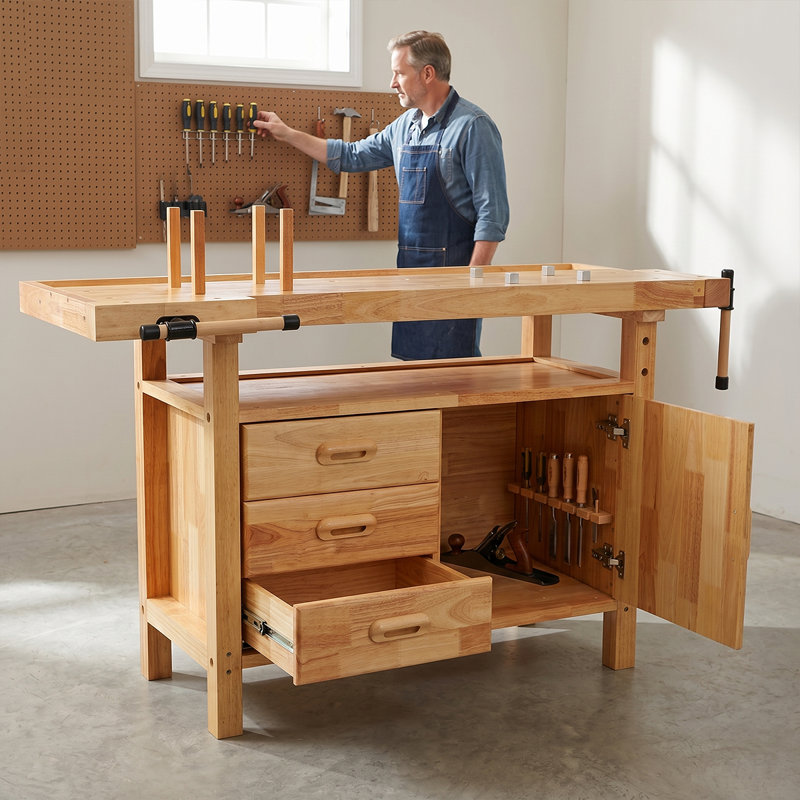 Banc de travail en bois au fini naturel - Table de travail spacieuse en bois d'hévéa de 50 po avec beaucoup de rangement