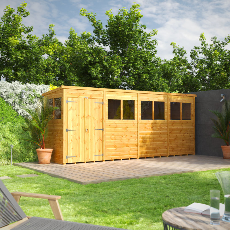 Powersheds 16 x 4ft Timber Tongue & Groove Pent Garden Shed, Double Doors