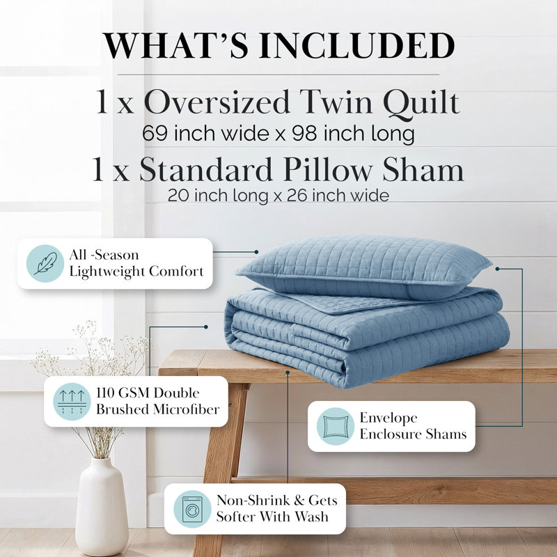 Vilano Springs ® Oversized, Light-Weight Hotel Quality Quilt Set with Matching Shams, Twin/Twin XL Quilt + 1 Standard Sham