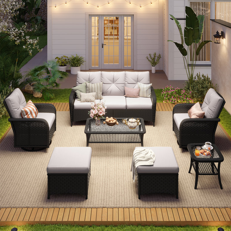 Ensemble de conversation modulaire de 7 pièces en résine tressée pour patio extérieur, avec chaises pivotantes et coussins