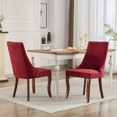 Linen Upholstered Dining Chair Set with Upholstered Back, Wood Legs