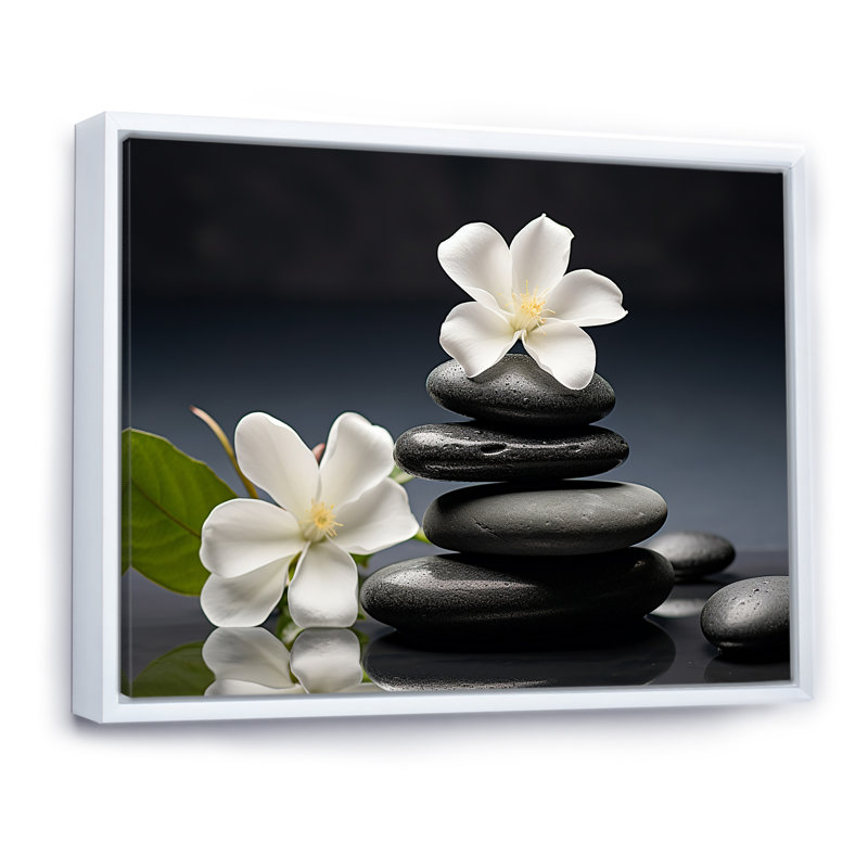 «Zen Black River Stone Blooming Magnolias», reproduction sur toile Lily, H 16 po x l 32 po x P 1 po, Cadre flottant blanc