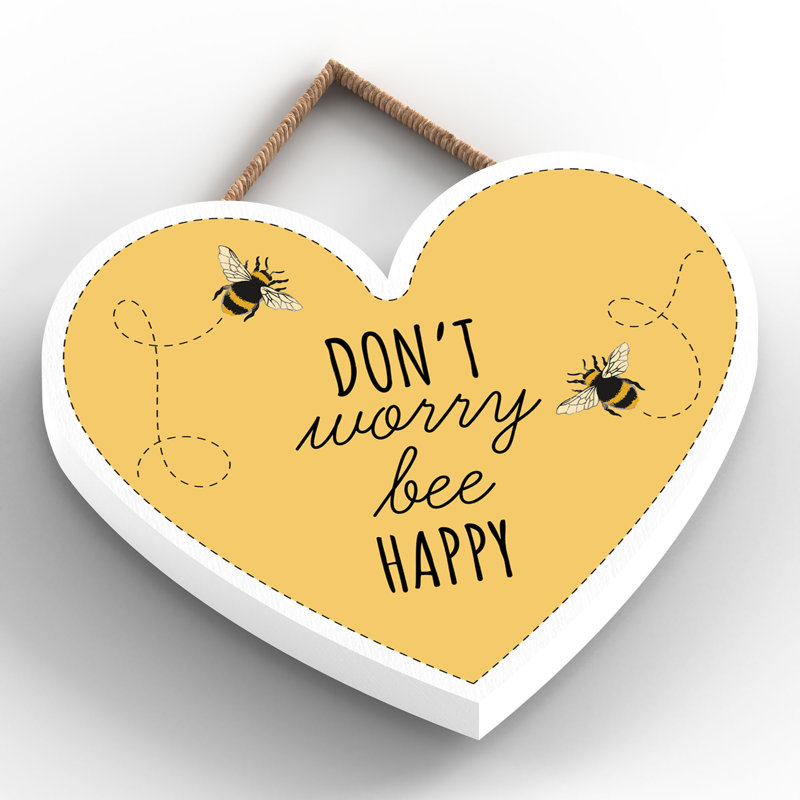 Don't Worry Bee Happy Wooden Heart Plaque Wall Décor, 10cm H x 9cm W x 0.5cm D