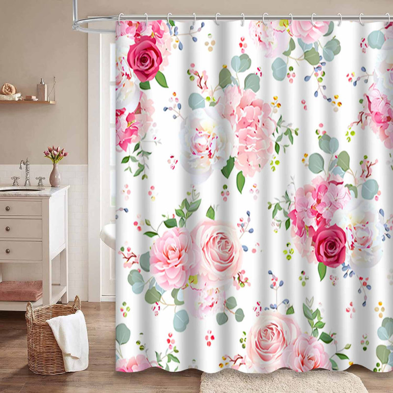 Rideau de douche Bouquets Rose Pivoine Eucalyptus rouge avec 12 crochets, L 72 po x l 72 po