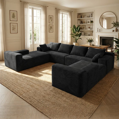 137" Oversized Compression Corduroy U-Shaped Cloud Couch, Black