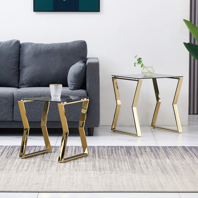 Taoussi 2 - Pieces Luxury Golden Stainless Steel Nesting Tables with Tempered Glass, Gold Base & Dark Top