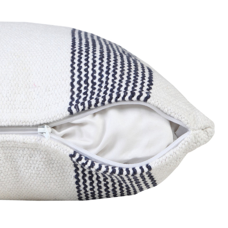 Housse de coussin décoratif à rayures 100% coton tissé à la main Coastal, Bleu marine/blanc, polyester