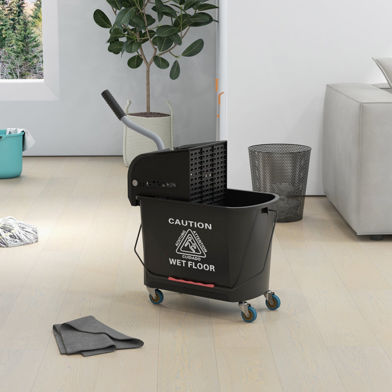 Seau à vadrouille avec essoreuse sur roulettes pour le nettoyage des planchers, 21 pintes, eau sale et propre séparée, Noir