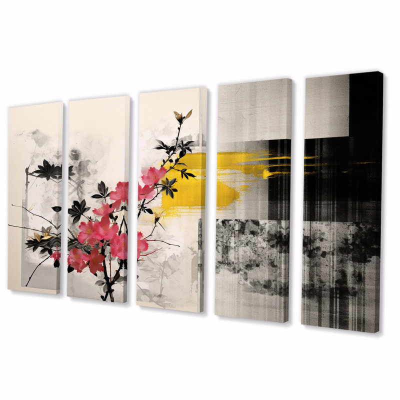 Asian Art Sumi Blossom III - Salon d'art mural asiatique - 5 panneaux égaux