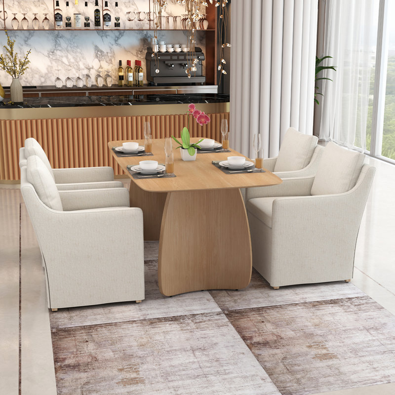 5-Piece Dining Set, Mid-Century Modern Wooden Table & Upholstered Chair Set For Home, Kitchen, Dining Room, Beige, White