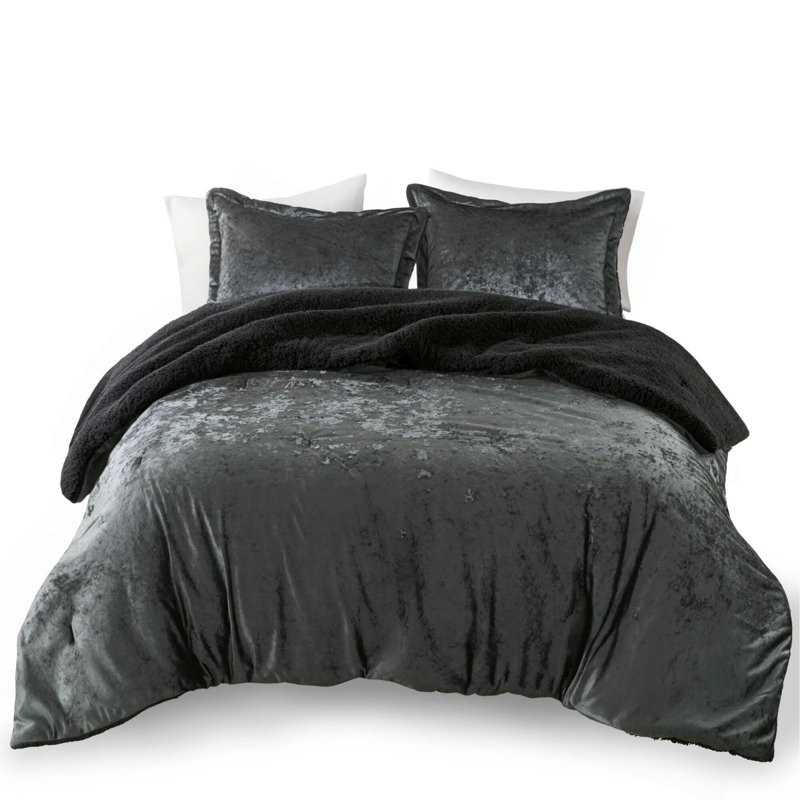 Ensemble d'édredon réversible en sherpa 3 pièces, Édredon pour lit double et 2 pièces supplémenta, Gris anthracite