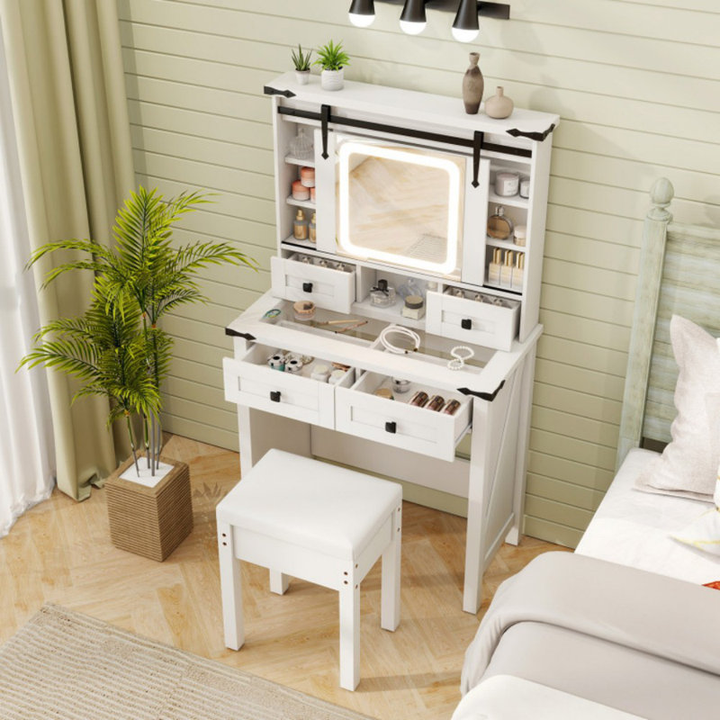 Bureau de maquillage avec miroir et tablettes de rangement réglables