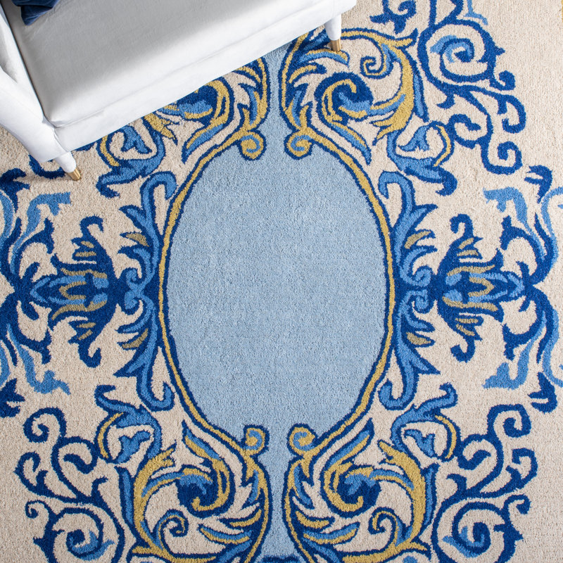 Tapis oriental bleu / ivoire en laine / coton touffeté à la main Empire, Rond 6 pi