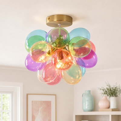 Modern 4-Light Brass Chandelier With Multicolor Oval Glass Shades