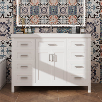 Meuble-lavabo de 48 po avec lavabo intégré, lavabo simple, 2 portes, 8 tiroirs et fermeture silencieuse