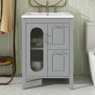 Meuble-lavabo de 24 po avec lavabo, armoire de rangement en bois massif avec porte en verre et 2 tiroirs, tablette réglable