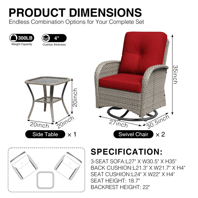 Ensemble de patio extérieur en osier pour 2 personnes avec 2 chaises pivotantes, table d'appoint et coussins rouges, Rouge