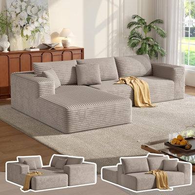 108''Sectional Boneless Cloud Sofa,Modern Modular L-Shape Couch for Living Room,Corduroy Convertible Sponge Sleeper Sofas,Upholstered Lougne Chaise Couchs-with Soft Pillow(Camel,Left Chaise)